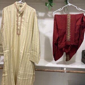 Elegant Cream and Red Men's Kurta Set